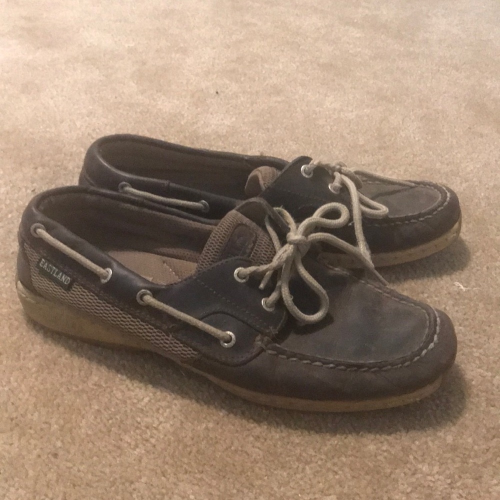 East land dark brown and tan boat shoes